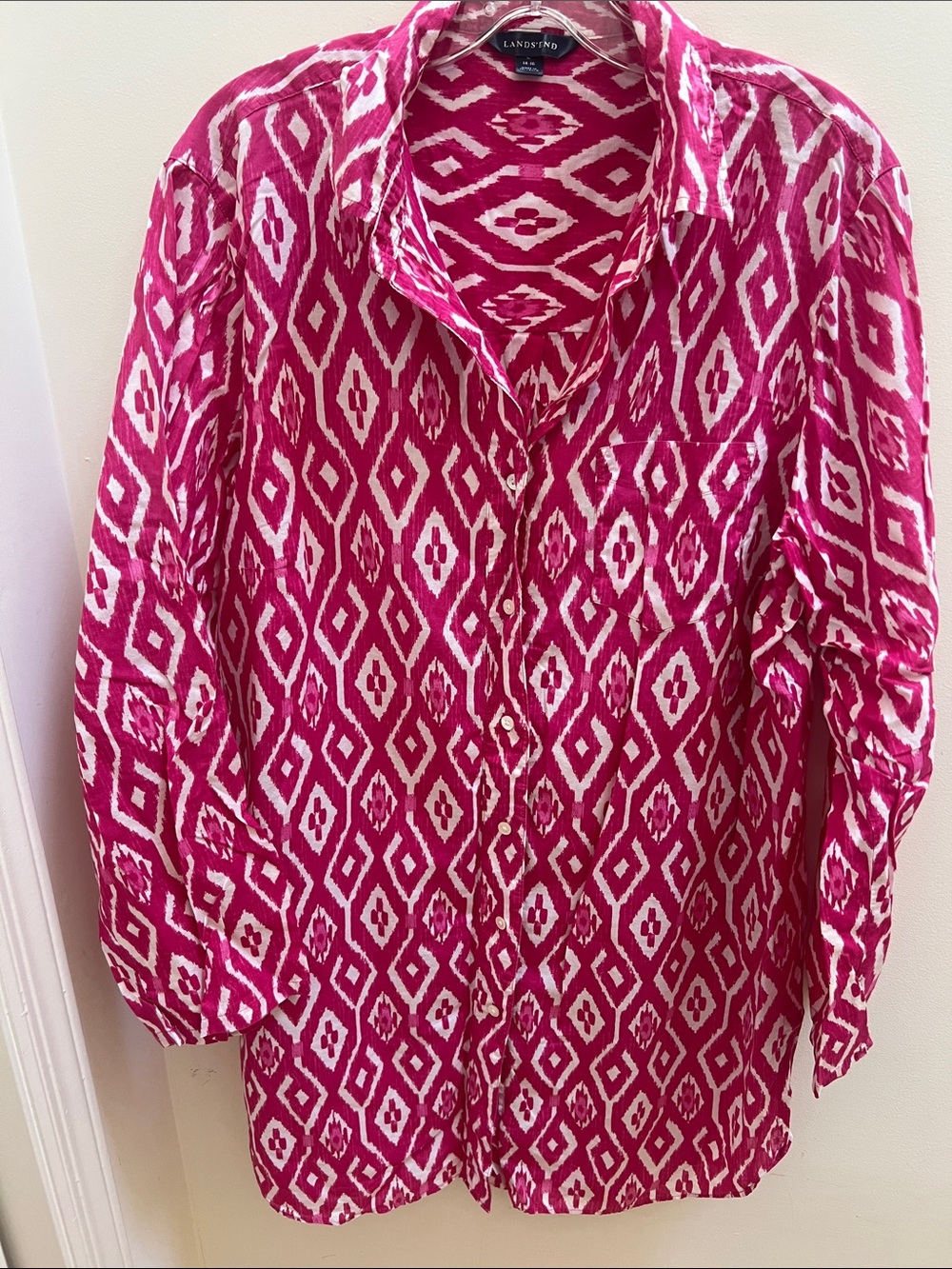 Lands' End Ikat 100% Cotton Fuchsia Pink and White Swim Coverup in Large (14-16)